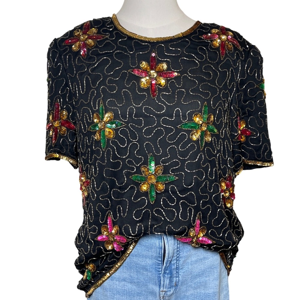 Glam Beaded Silk Top Floral Black Sequin Evening Vintage‎ Women XL